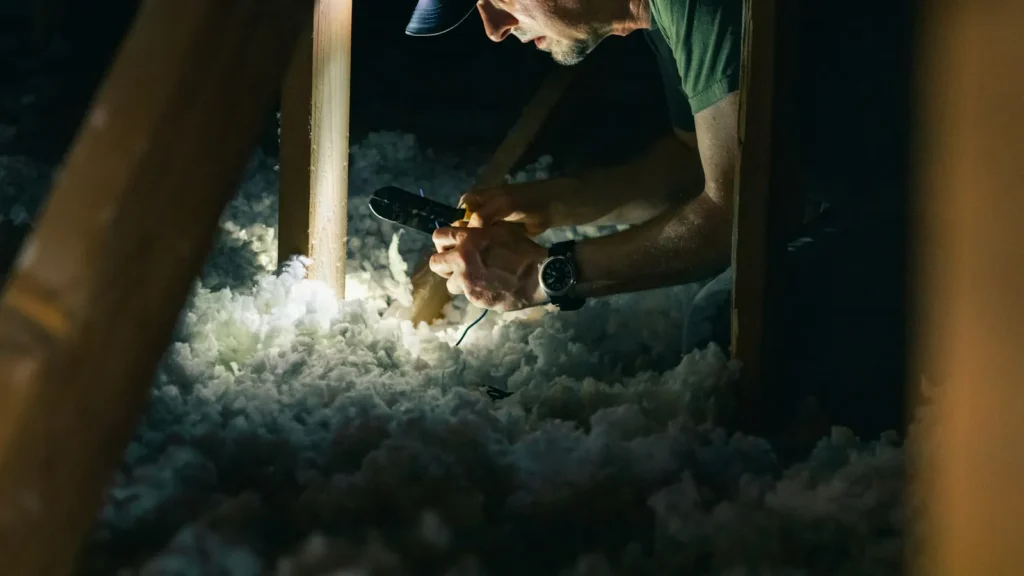 Homeowner adding attic insulation, one of the energy-efficient home upgrades that can lower utility bills