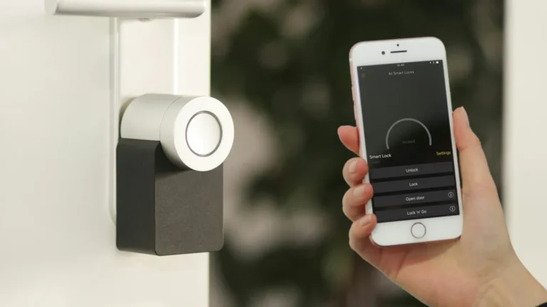 Smartphone app controlling smart home devices such as lights and a thermostat in a modern living room